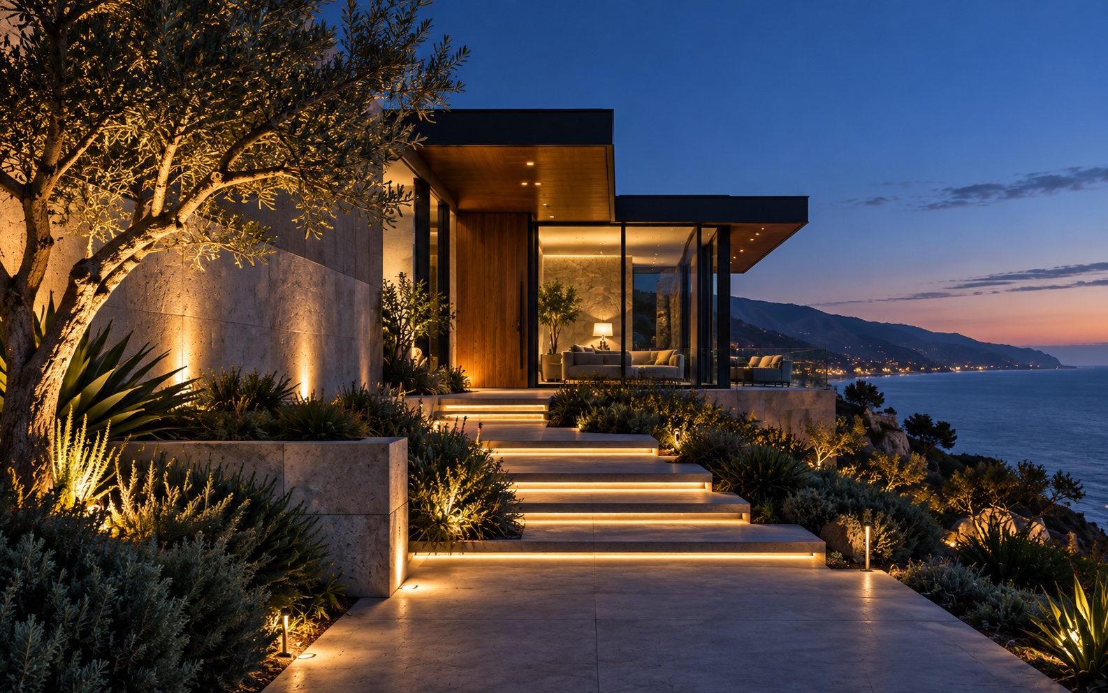 Concept image of landscape lighting at a coastal residence