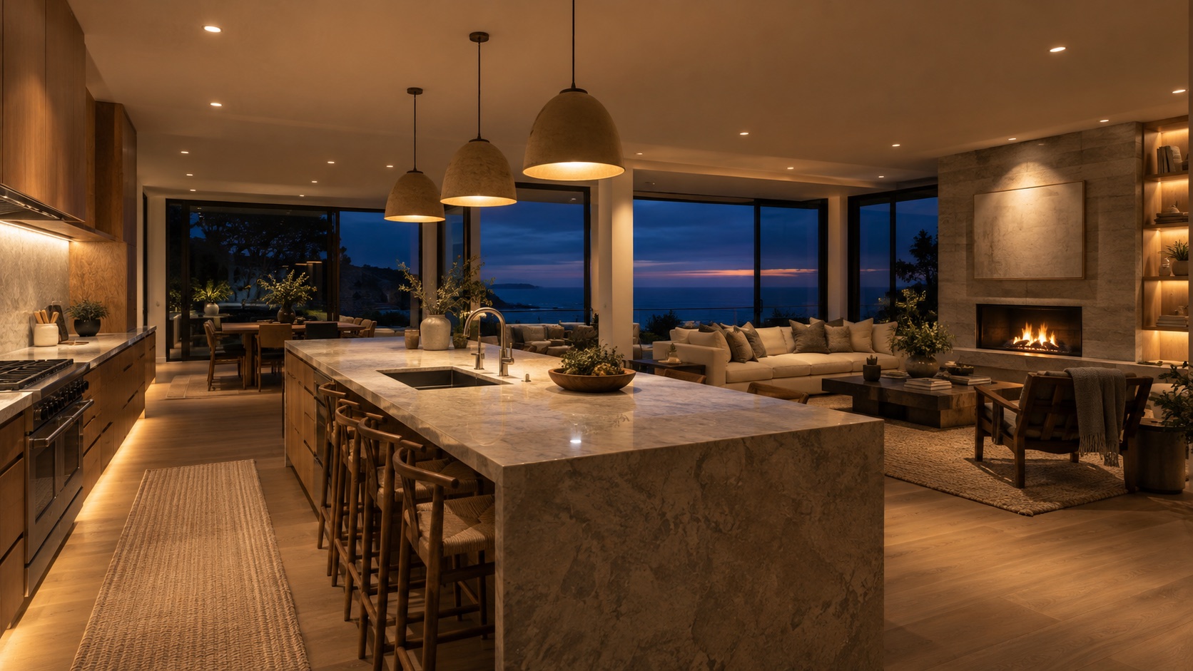Concept image of warm architectural lighting in a coastal home